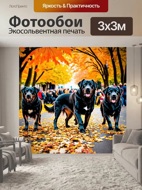 Фотообои парад ньюфаундлендских собак на осеннем фестивале, где они играют с листьями, которые падают с деревьев