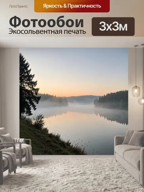 Фотообои Туманный лесной водоем на рассвете