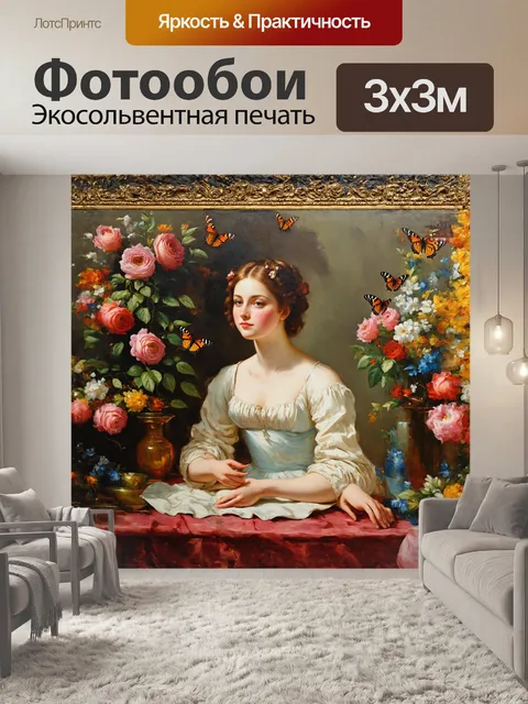 Фотообои в центре композиции — великолепный холст, отражающий яркие цвета и детализированную текстуру
