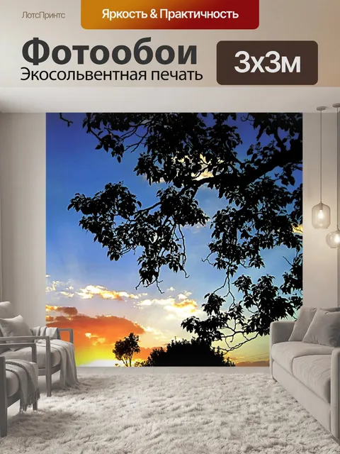 Фотообои яркие облака заката и листвы