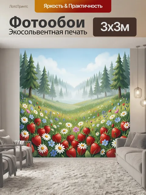 Фотообои Луговые цветы и клубника в лесу