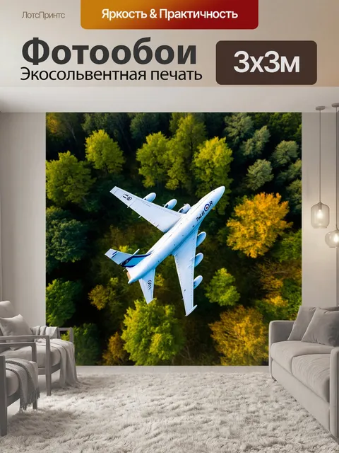 Фотообои самолет в стиле минимализм, парящий над зеленым лесом