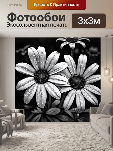 Фотообои цветы в стиле рисунок углём, покрытые росой, с детализацией капель воды и их отражением в угольном контуре