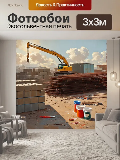 Фотообои промышленный пейзаж, где солнце заливает сцену золотым светом, освещая кучи арматуры и бетонных блоков