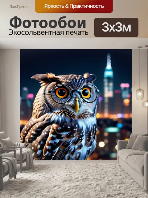 Фотообои сова-ночь в очках на фоне ночного города