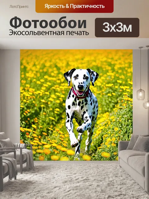 Фотообои далматинец, бегущий по полю с цветами, яркие цветы, солнечный день, радость и энергия