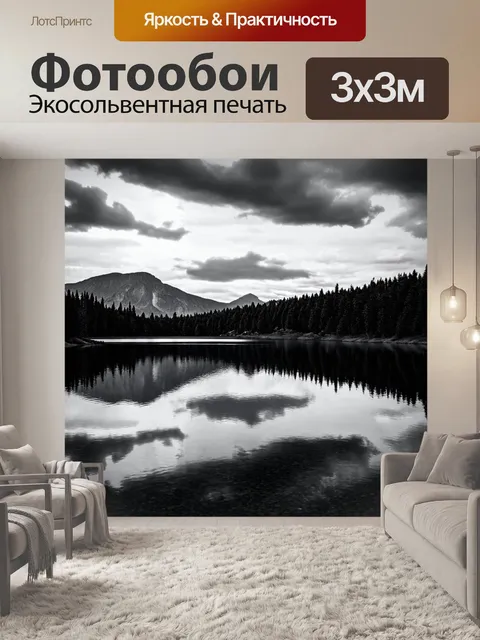 Фотообои пейзаж в стиле черно-белый, спокойное озеро с отражением гор на фоне облачного неба, лес вдали