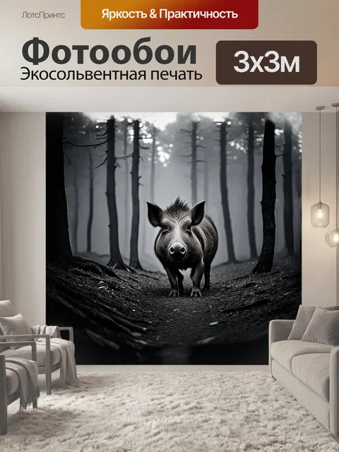 Фотообои дикий кабан выходит из туманного леса