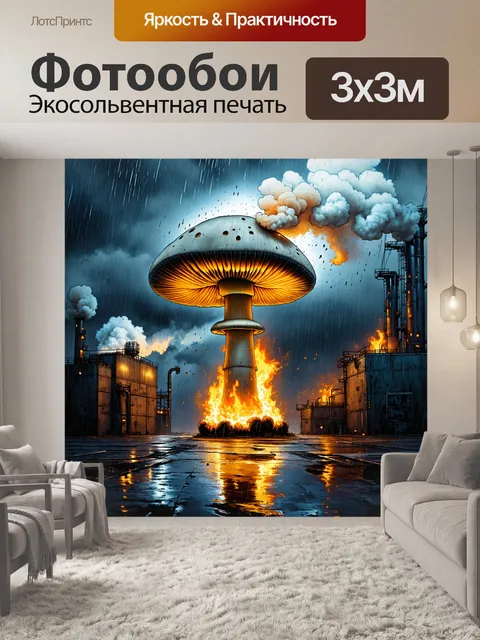 Фотообои ядерный гриб, который царит над промышленным городом в дождливую ночь, капли воды сливаются с дымом и огнём