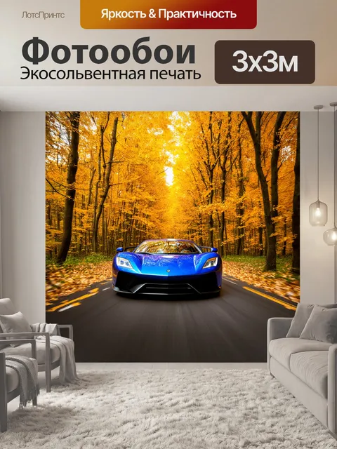 Фотообои спортивный автомобиль, проезжающий через осенний лес, изображенный в технике смягченной фотографии