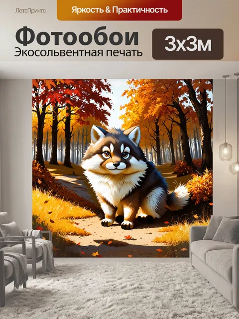 Фотообои красивый пейзаж с манулом на фоне осеннего леса, где падающие листья создают живописное покрывало