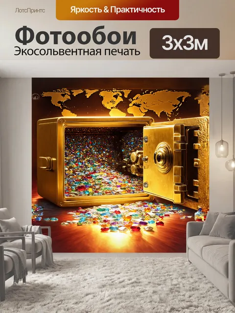 Фотообои золотой сейф, открытый настежь, где сотни драгоценных камней и банковских билетов переливаются в свете…