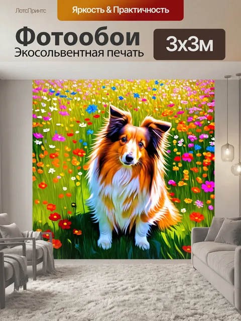 Фотообои шелти, качающей головой на фоне цветущего луг, с яркими и красочными цветами вокруг