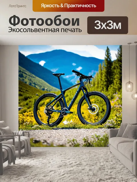 Фотообои спортивный велосипед на фоне горного перевала, в окружении дикой природы и альпийских растений
