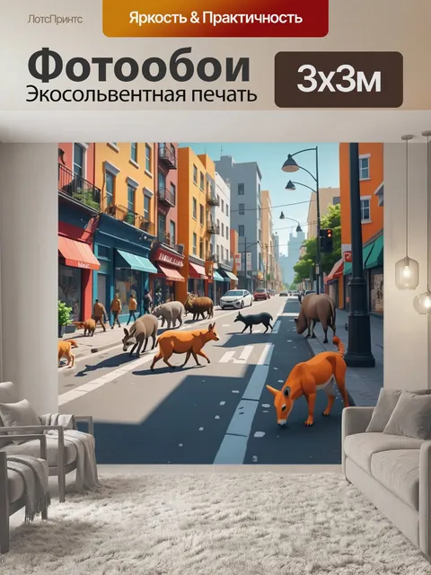 Фотообои город в стиле флэт, изображающие животных, гуляющих по улицам, добавляющих элемент живности в городской…