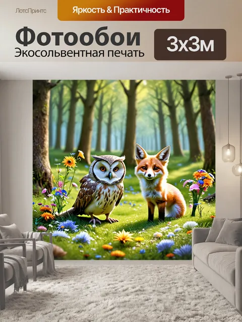 Фотообои совенок и лисенок на лесной поляне, где они собирают цветы для букета