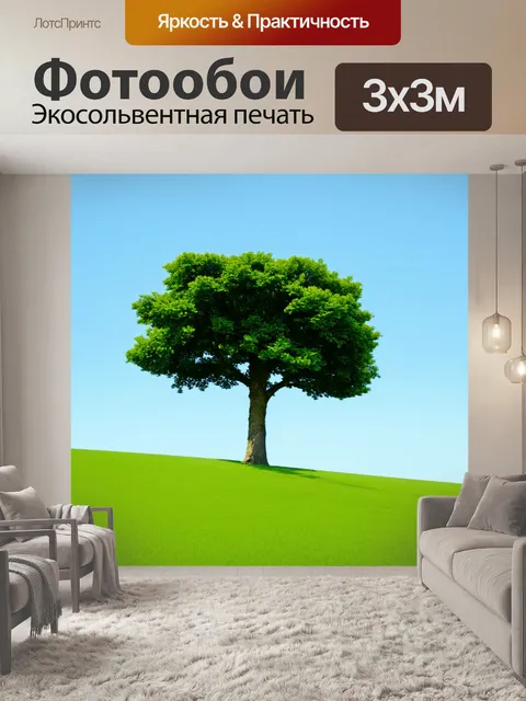 Фотообои дерево с характерным плоским стволом, стоящее среди зеленых холмов под ясным небом
