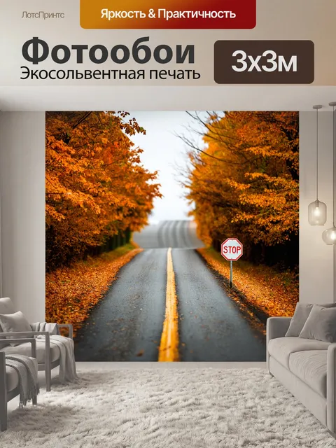 Фотообои знак «стоп» на фоновой текстуре старой дороги, окружаемой осенними деревьями, на фоне серого неба