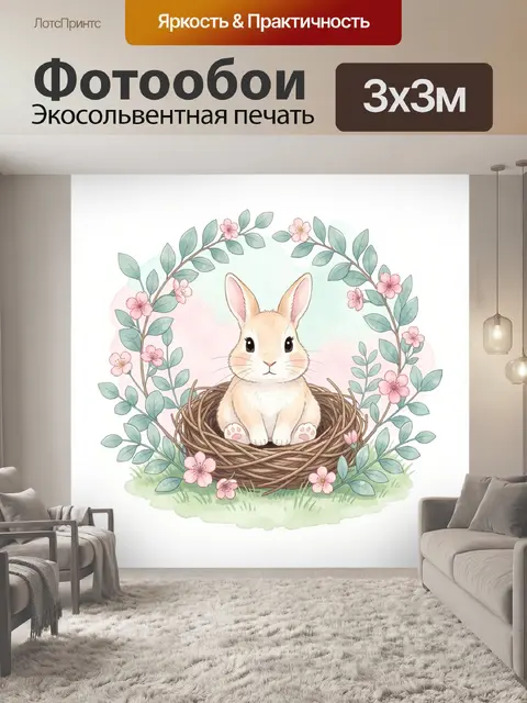 Фотообои Милый кролик в цветочном венке