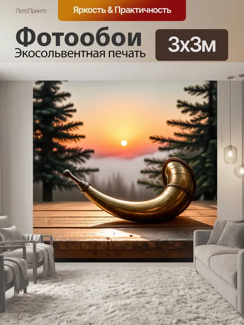 Фотообои описание завораживающего заката, освещающего старую валторну, лежащую на старинном деревянном столе