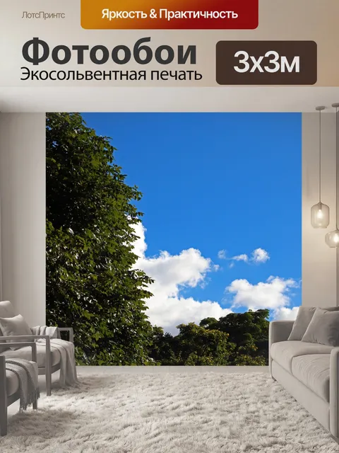 Фотообои белые облака и деревья в голубом небе