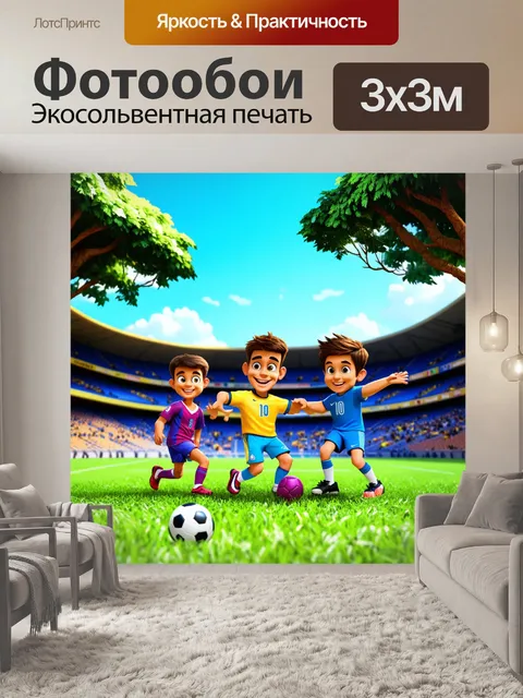 Фотообои джунгли в мультяшном стиле: веселая друзьях, которые играют в футбол на удивительном стадионе среди деревьев