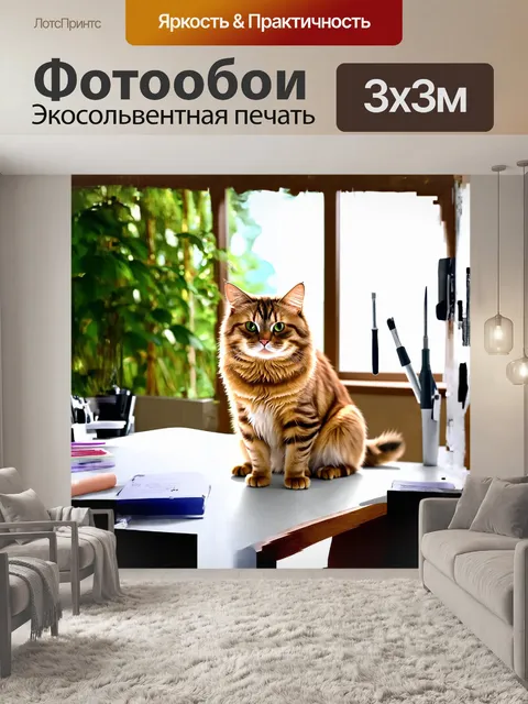 Фотообои визуализация спокойного кота, сидящего на ветеранном исследовательском столе, с натуральной зеленью на фоне