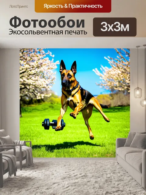 Фотообои изображение бельгийской овчарки малинуа, энергично прыгающей за гантелей, в яркой солнечной обстановке