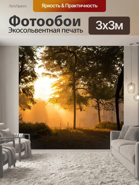 Фотообои утро, где солнечные лучи проникают сквозь густые деревья, создавая золотистый свет на линии горизонта