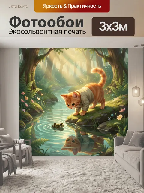 Фотообои Котёнок у лесного ручья