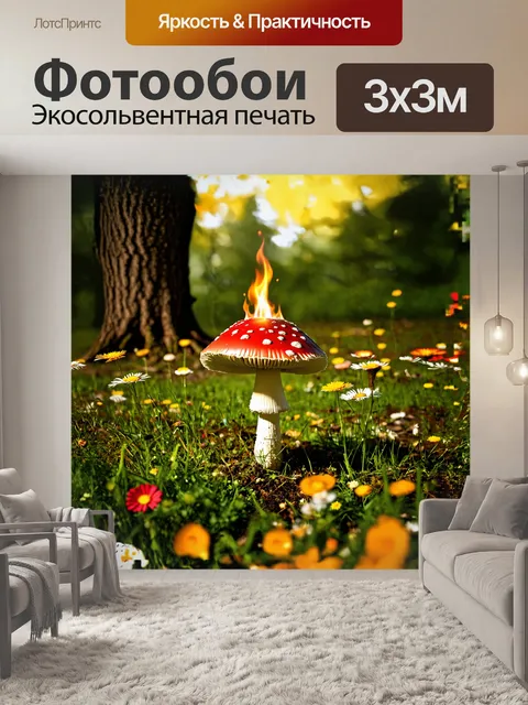 Фотообои поганка, выросшая на полянке у подножия старого дуба, окружена яркими цветами и травами