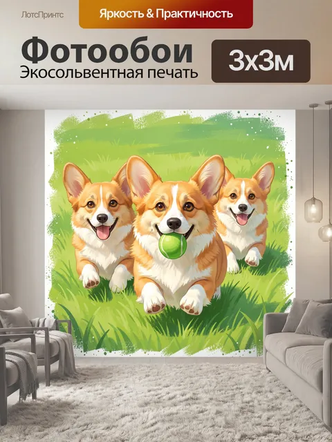 Фотообои Щенки корги с мячом