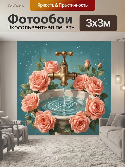 Фотообои Розы вокруг золотого крана с водой