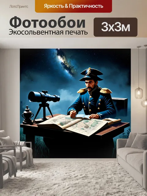 Фотообои наполеон, изучающий звёзды под ночным небом на открытом воздухе, с телескопом и старинными картами на столе