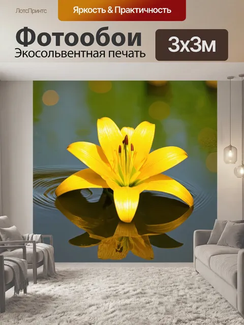 Фотообои изображение солнечной желтой лилии на фоне водной поверхности с отражением