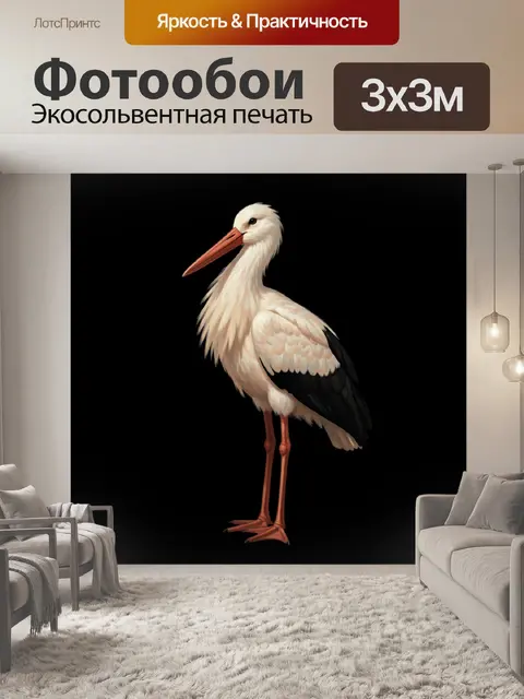 Фотообои Белый аист на черном фоне