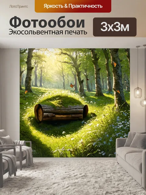 Фотообои лесная поляна, ярко освещённая солнечными лучами, с цветущими травами и бабочками, парящими над ними