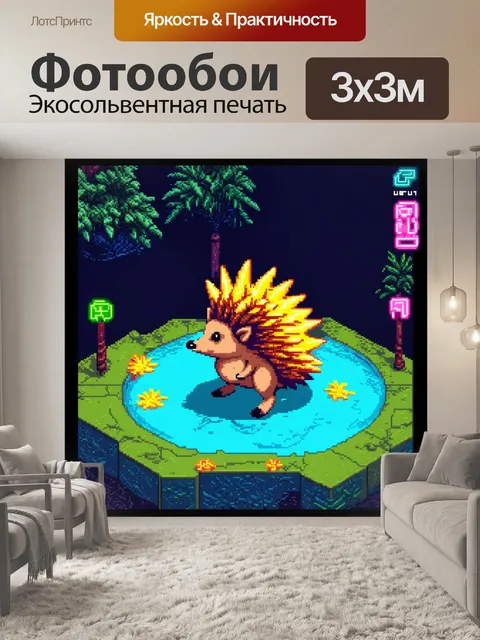 Фотообои изометрический мир, где на фоне фантастического пейзажа находится ёж с необычными, яркими шипами, которые…