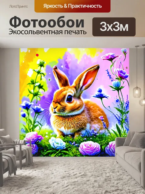 Фотообои заяц, который тонет в цветах, в стиле акварельной живописи с яркими и романтичными оттенками