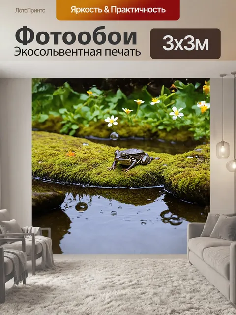Фотообои лягушка, сидящая на большом, покрытом мхом камне, отражается в спокойной глади пруда