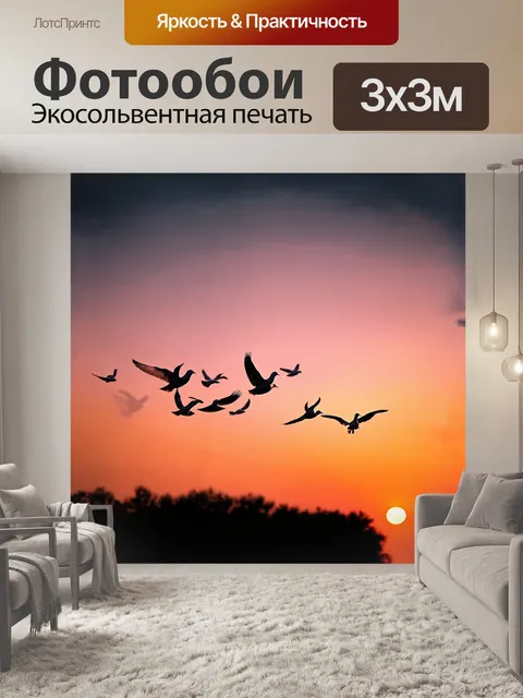 Фотообои небольшая стая голубей, парящих на фоне заката, символизирует мир и единство