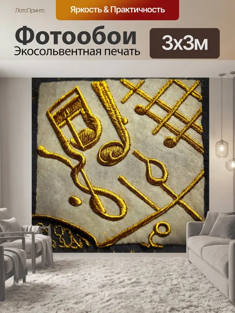 Фотообои ноты, вышитые на старинной ткани с золотыми нитями и густыми вышивками