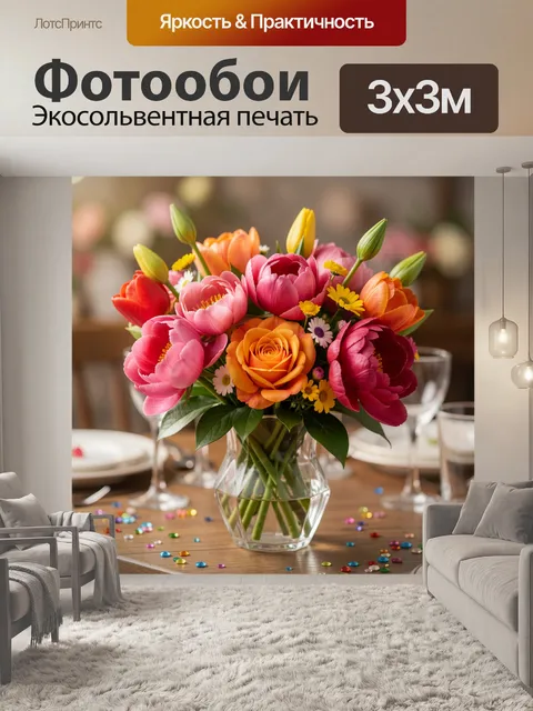Фотообои Букет ярких садовых цветов в фокусе на переднем плане: крупные розовые и малиновые пионы/розы