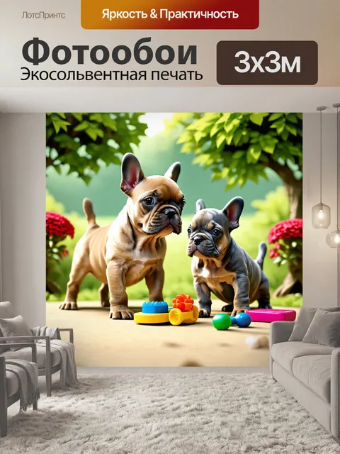 Фотообои в ярком дореволюционном собачьем питомнике щенки французского бульдога играют с игрушками на улице