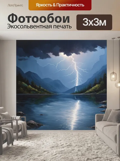 Фотообои озеро в абхазии во время грозы, темные облака нависают над горами, а молнии сверкают на фоне воды