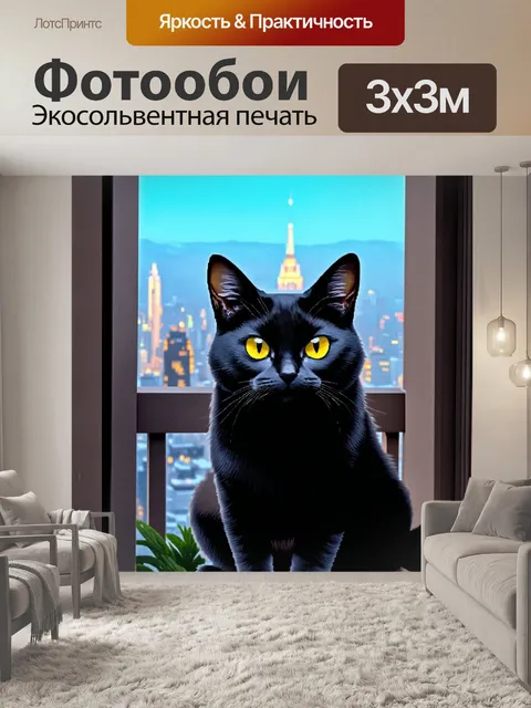 Фотообои темный неро-кот с яркими жёлтыми глазами созерцает беспечное утро, сидя на балконе