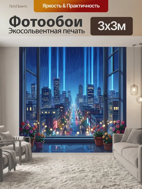 Фотообои Ночной мегаполис с балконом