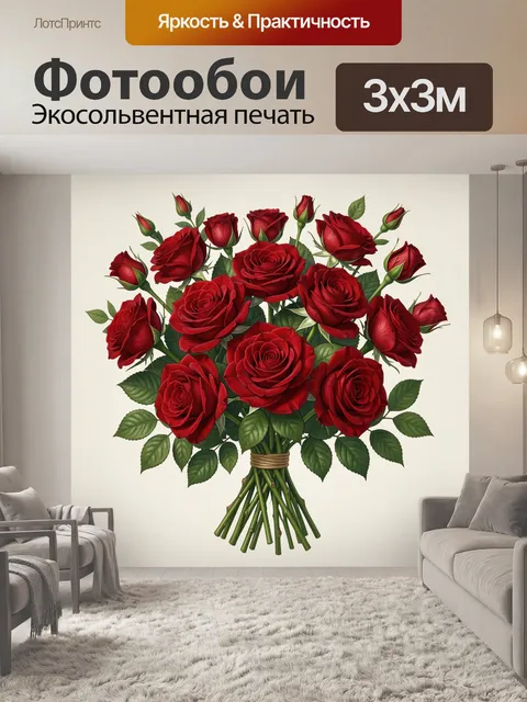 Фотообои Букет алых роз с листьями