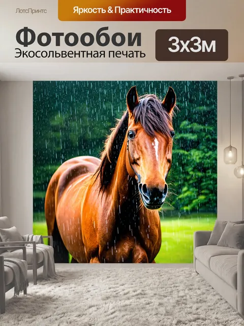 Фотообои лошадь, стоящая под дождем, ее грива развевается