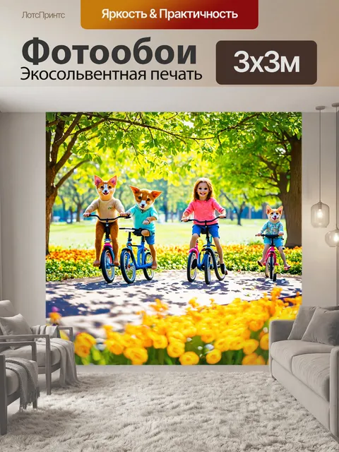 Фотообои животные на велосипеде в ярком парке
